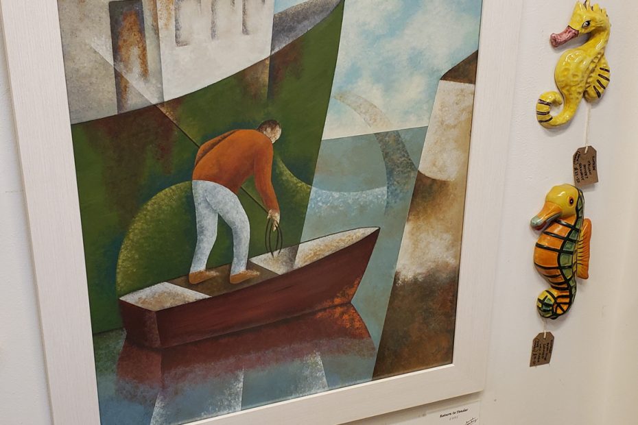 Photograph of a close up section of a painting by Sarah Blakey, featuring a man on a small brown boat between a large green and white boat and a harbour wall. He's tying a rope and wearing an burnt-orange colour jumper.